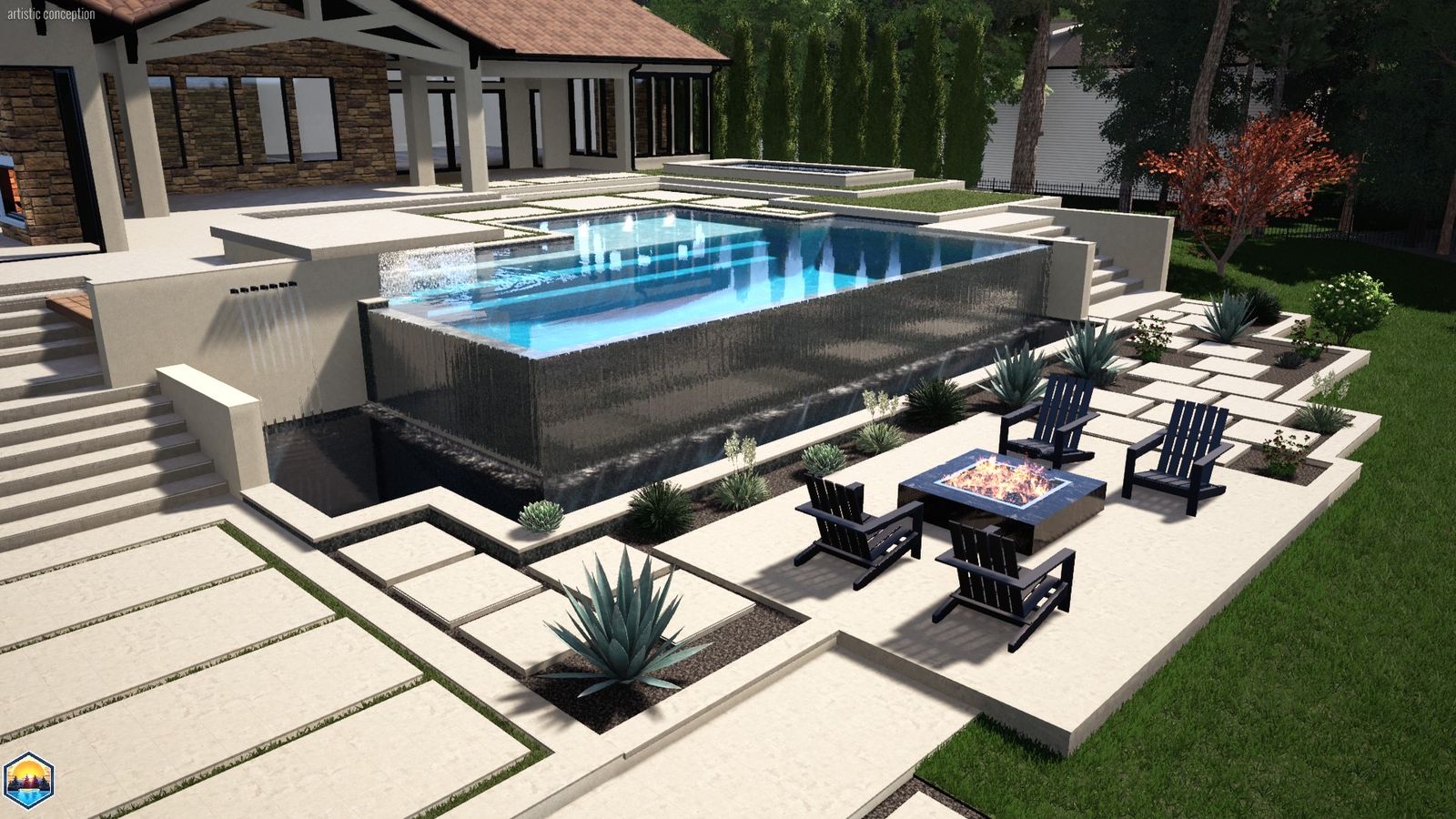 3D design of an infinity-edge pool with steps and fire pit