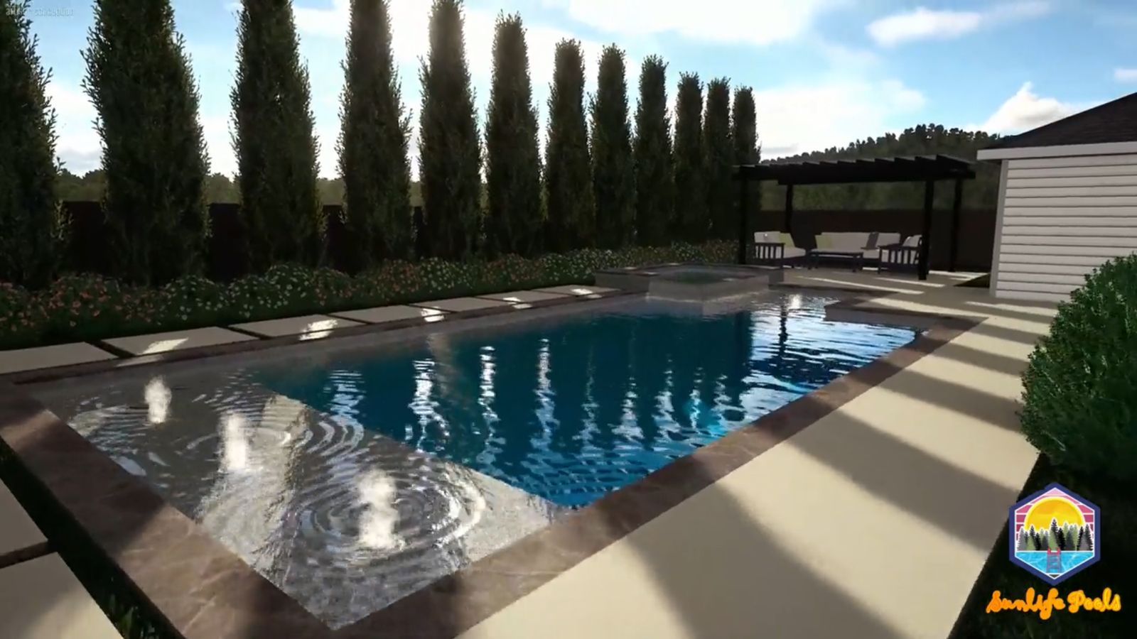 3D design of a rectangular pool lined with cypress trees